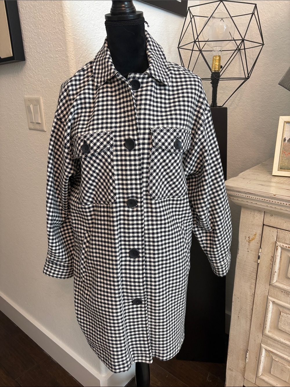 ZARA Black & White Gingham Women’s Long Button Jacket